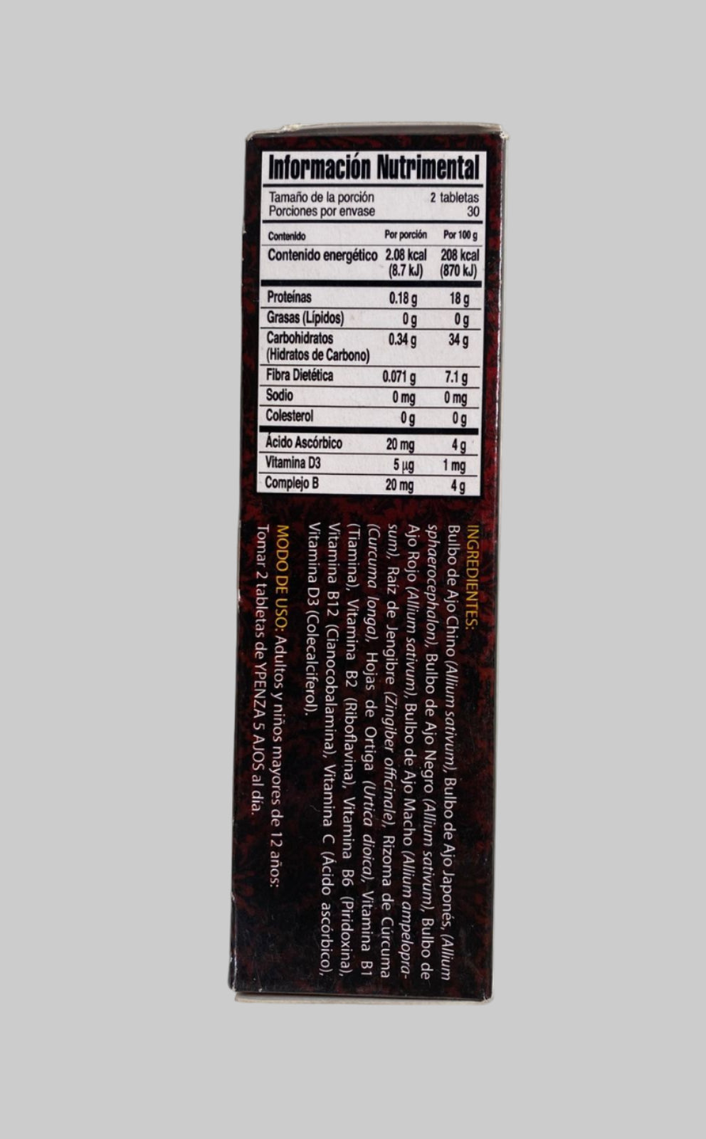 Nutritional information label on a product box against a white background