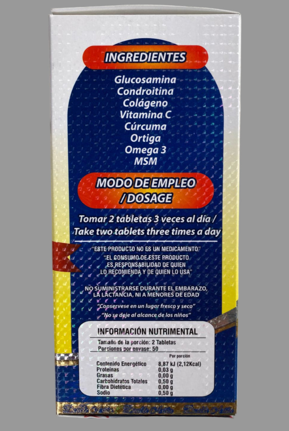 Supplement packaging with text in Spanish on a white background