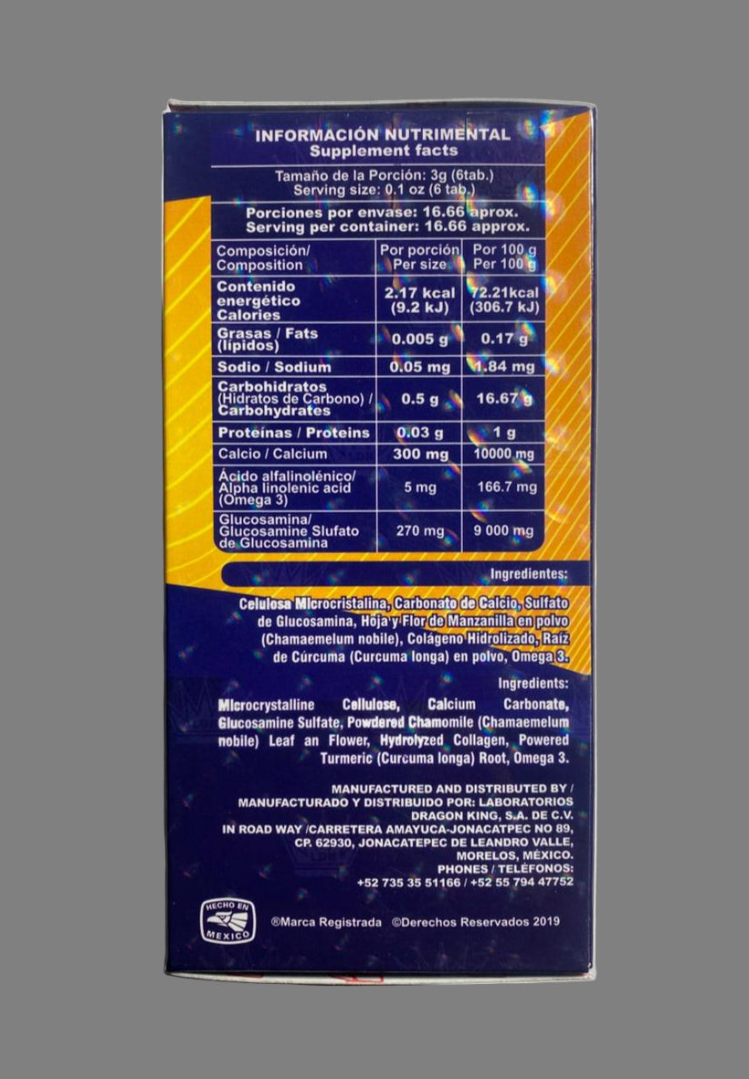 Nutritional information label on a supplement package with blue and yellow design.
