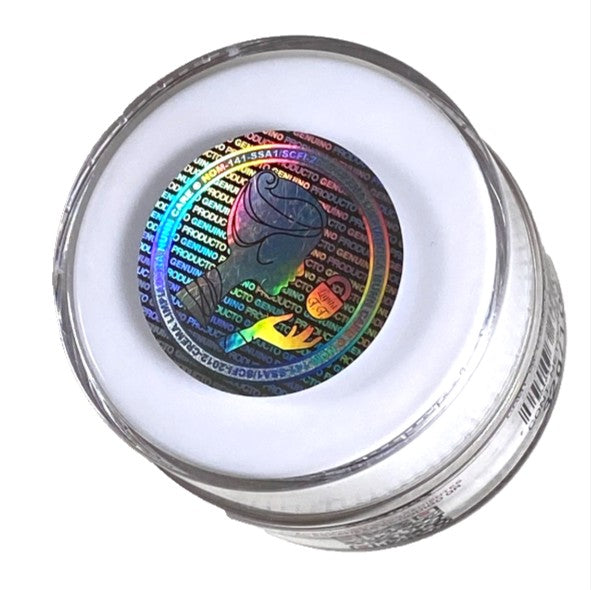 Nunn Care holographic label on a container with a white background
