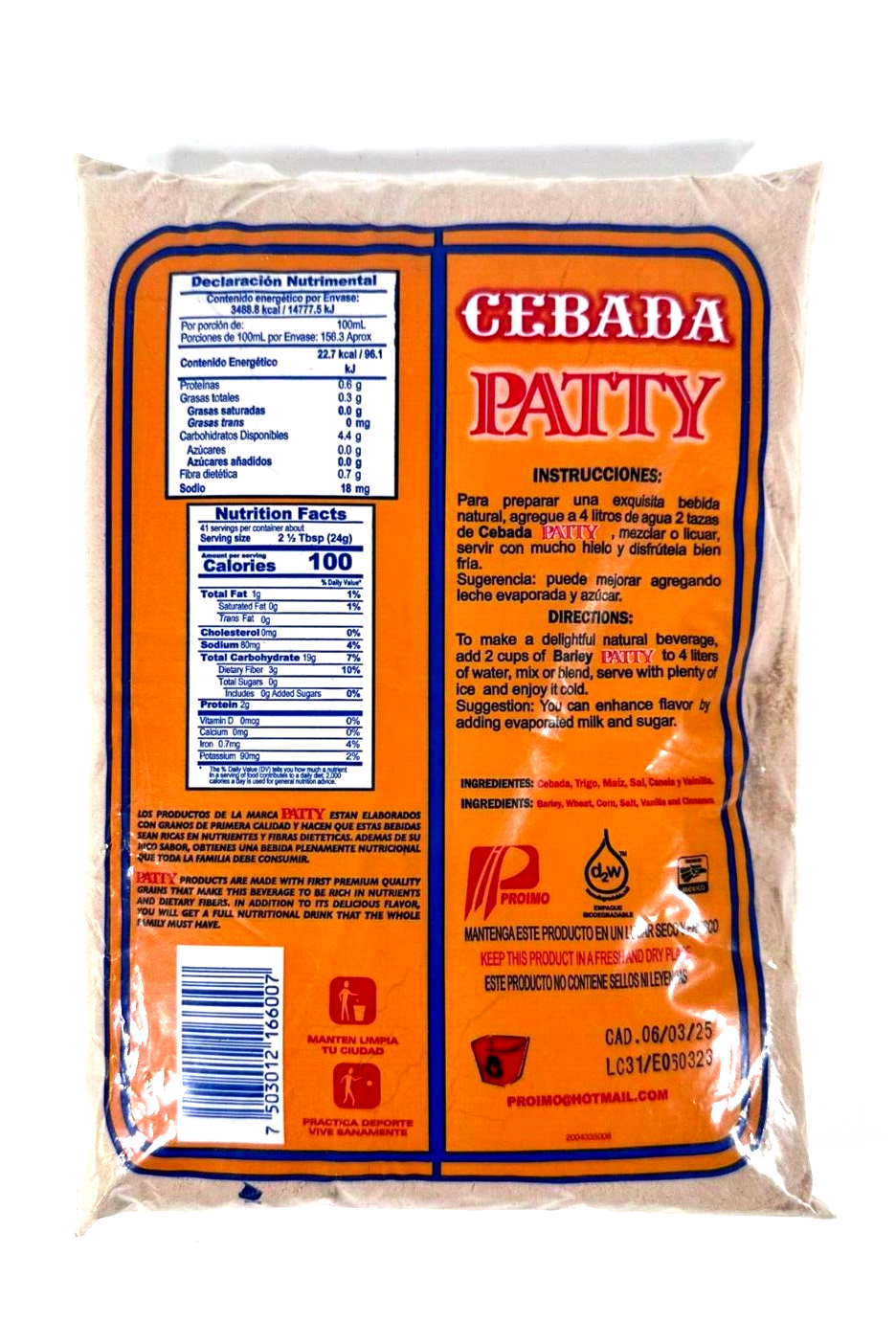 Barley Drink Mix Patty Cebada 1Kg/35.2 Oz