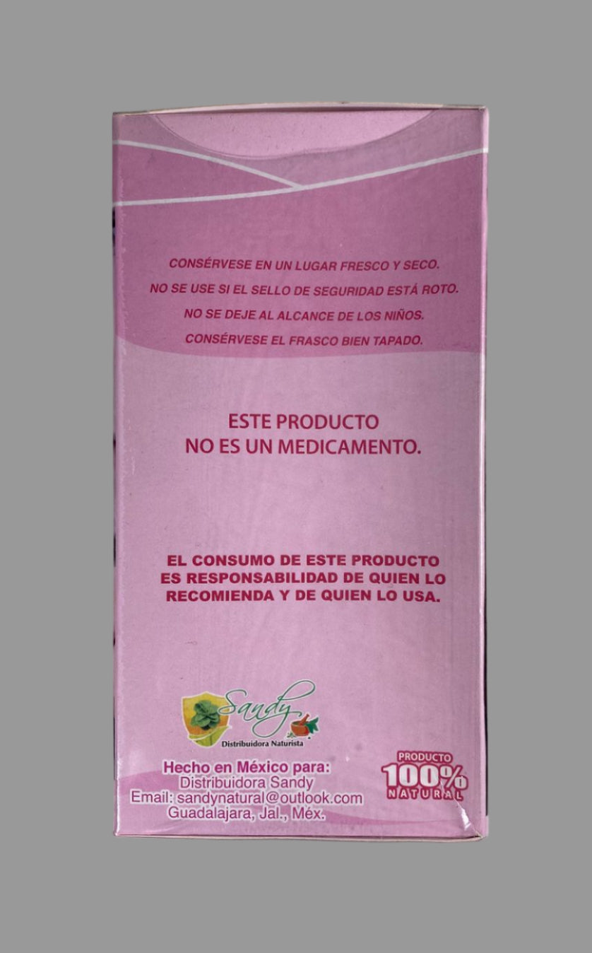 Pink product packaging with text on a gray background