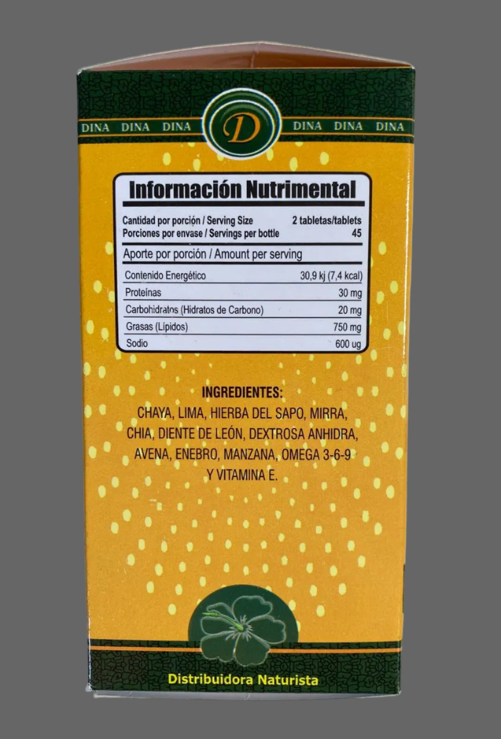 Nutritional information label on a yellow and green product box against a white background