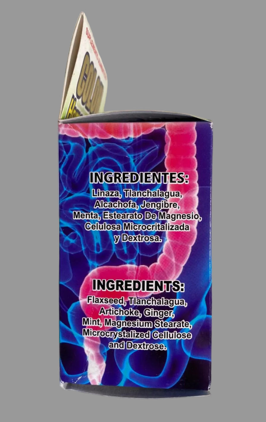 Supplement container with colorful label on a gray background