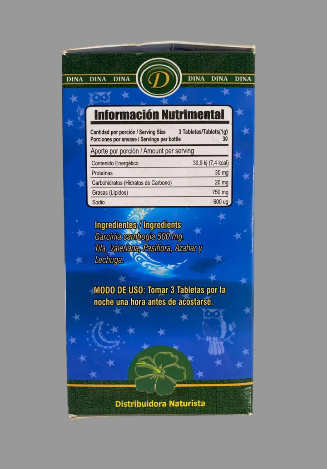 Nutritional information label on a green and blue package with star patterns.