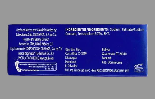 Blue label with text and product information on a gray background