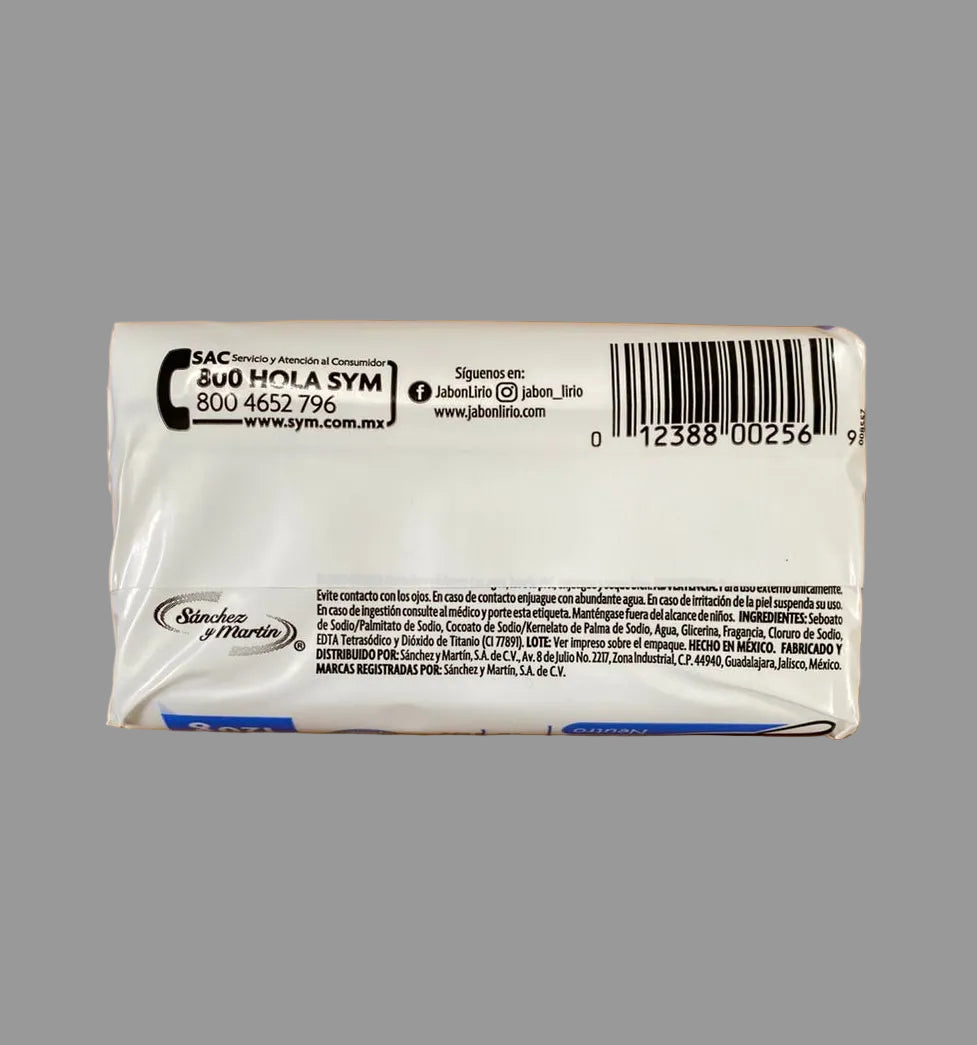 "Lirio Neutro bar soap ingredients and manufacturer info — Sánchez y Martín, Guadalajara Mexico"