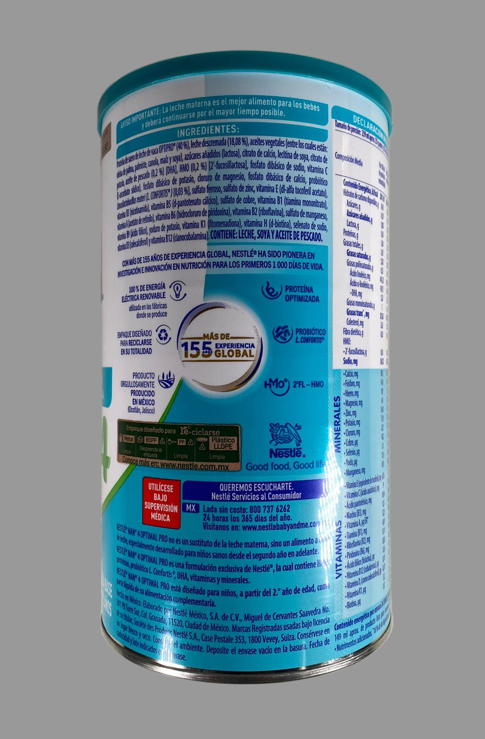 Canister with blue label on a gray background