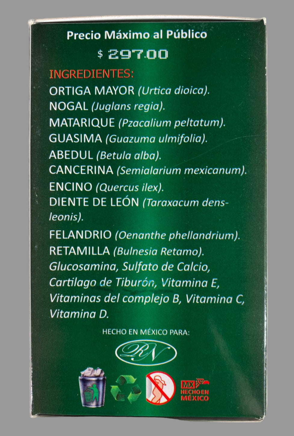 Green box with text and ingredients list on a white background