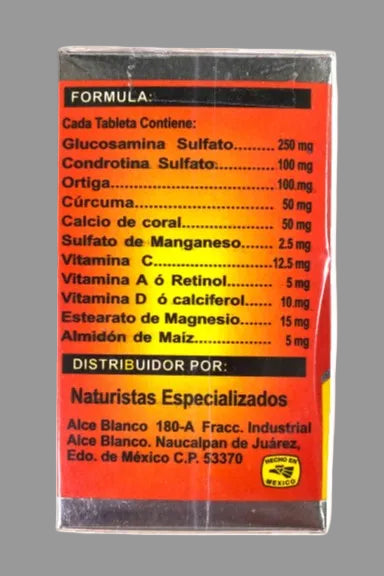 Supplement package with red label detailing ingredients and distribution information.