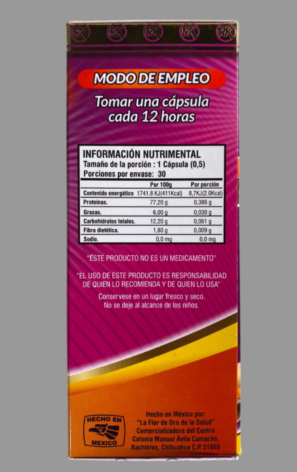 Supplement packaging with nutritional information on a gray background
