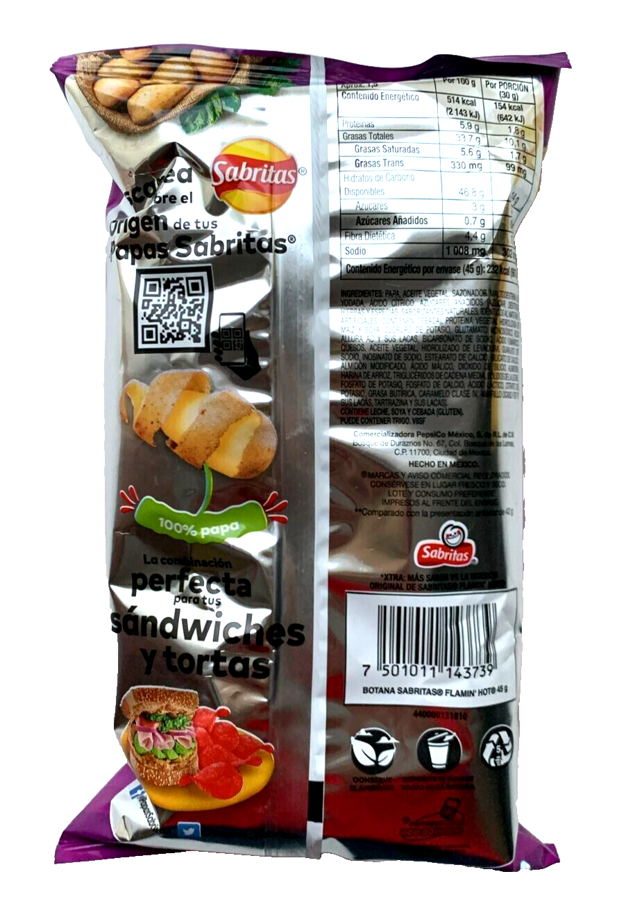 6-Pk Sabritas Xtra Flamin Hot Potato Chips 42gr/1.48oz ea.