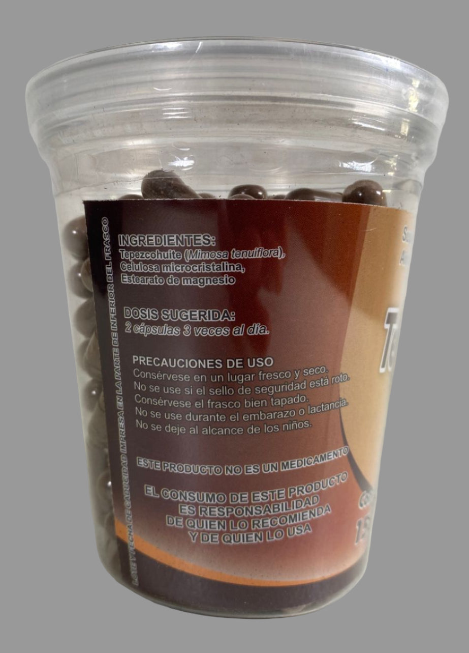 Clear container with brown label on a white background