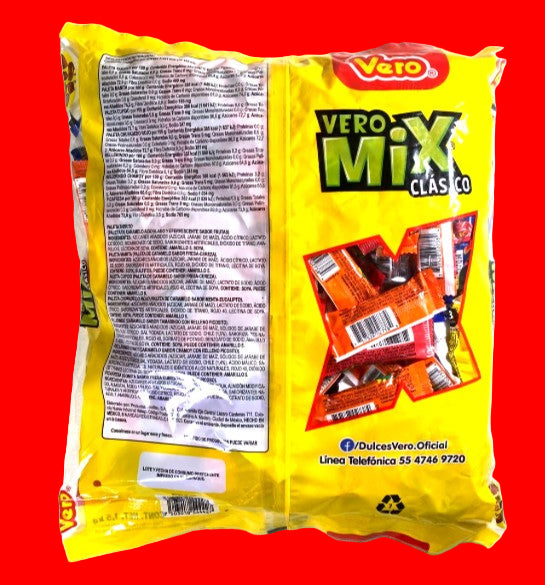 Yellow package of Vero Mix candy with branding and product images on a white background