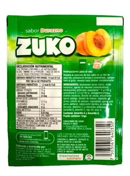 12-Pk ZUKO Durazno/Peach ZUKO Powder Drink Flavor 8g/.28oz
