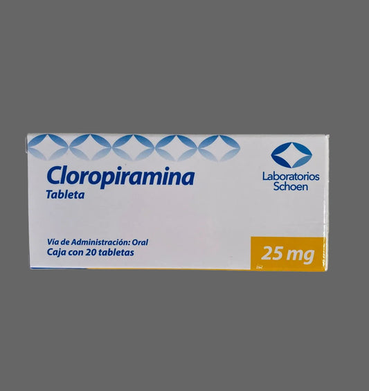 Box of Cloropiramina tablets with Laboratorios Schoen branding on a white background