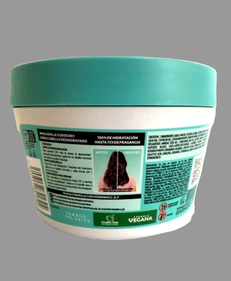 A white plastic jar of Vegana Hair Care hair conditioner with a teal lid and a teal and white label, shown from the back on a white background.