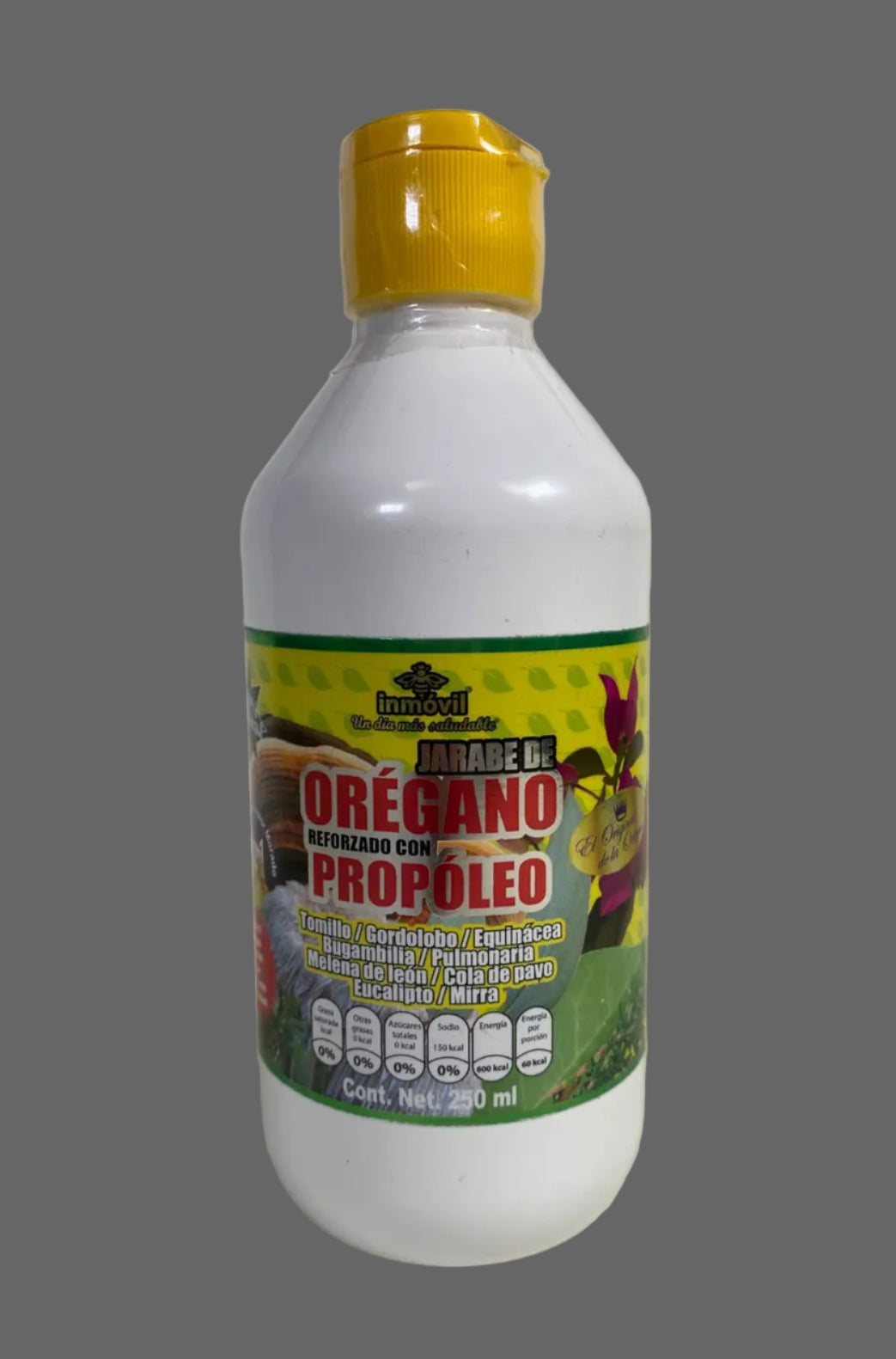 Bottle of oregano with propolis on a white background