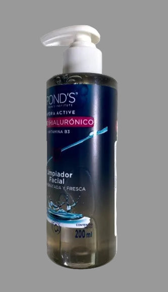 Bottle of Pond's facial cleanser with pump on a white background