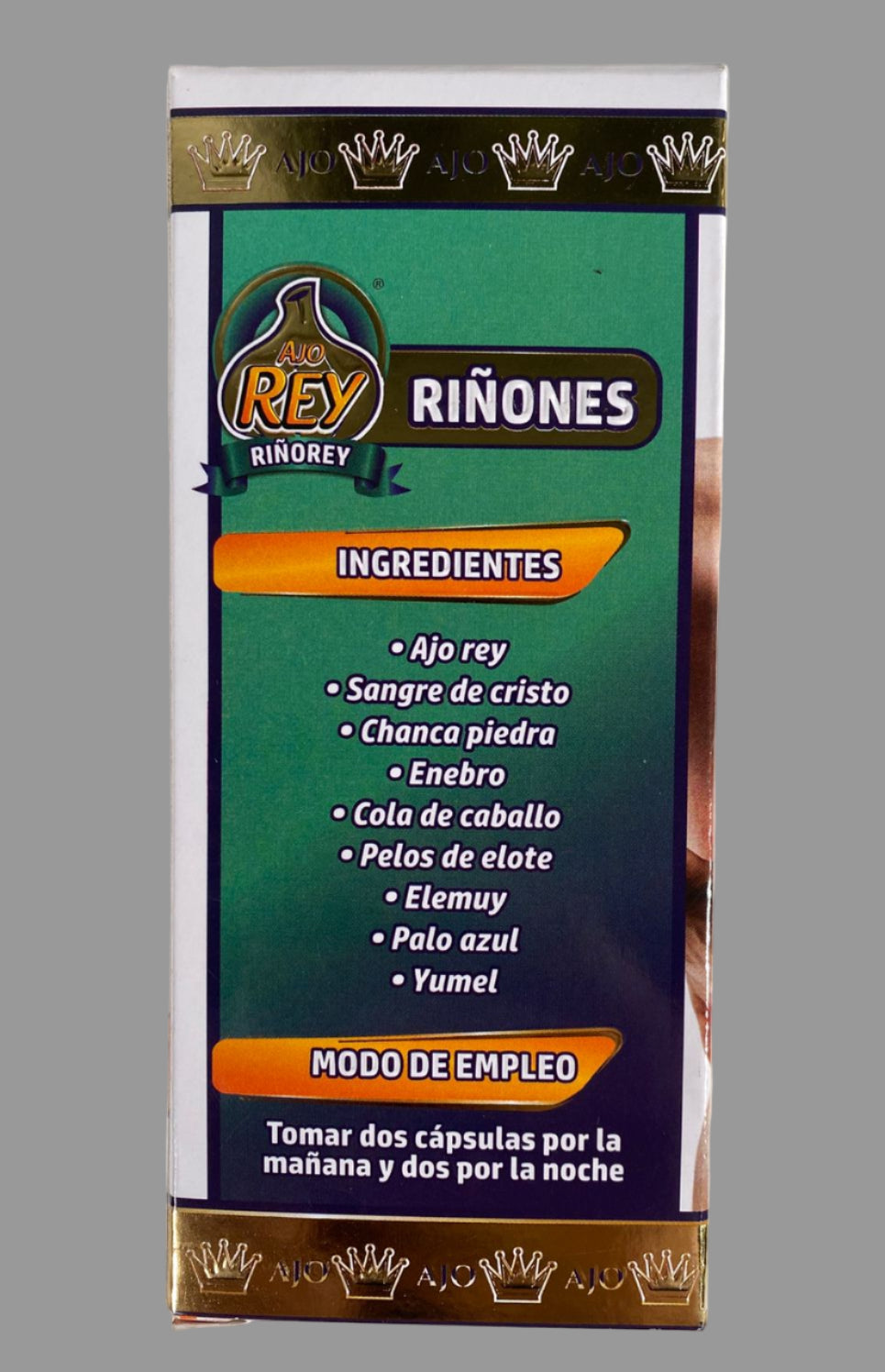 Supplement packaging with brand logo and ingredient list on a light gray background