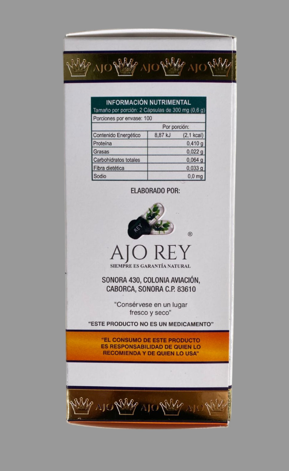 Ajo Rey product packaging with nutritional information on a gray background