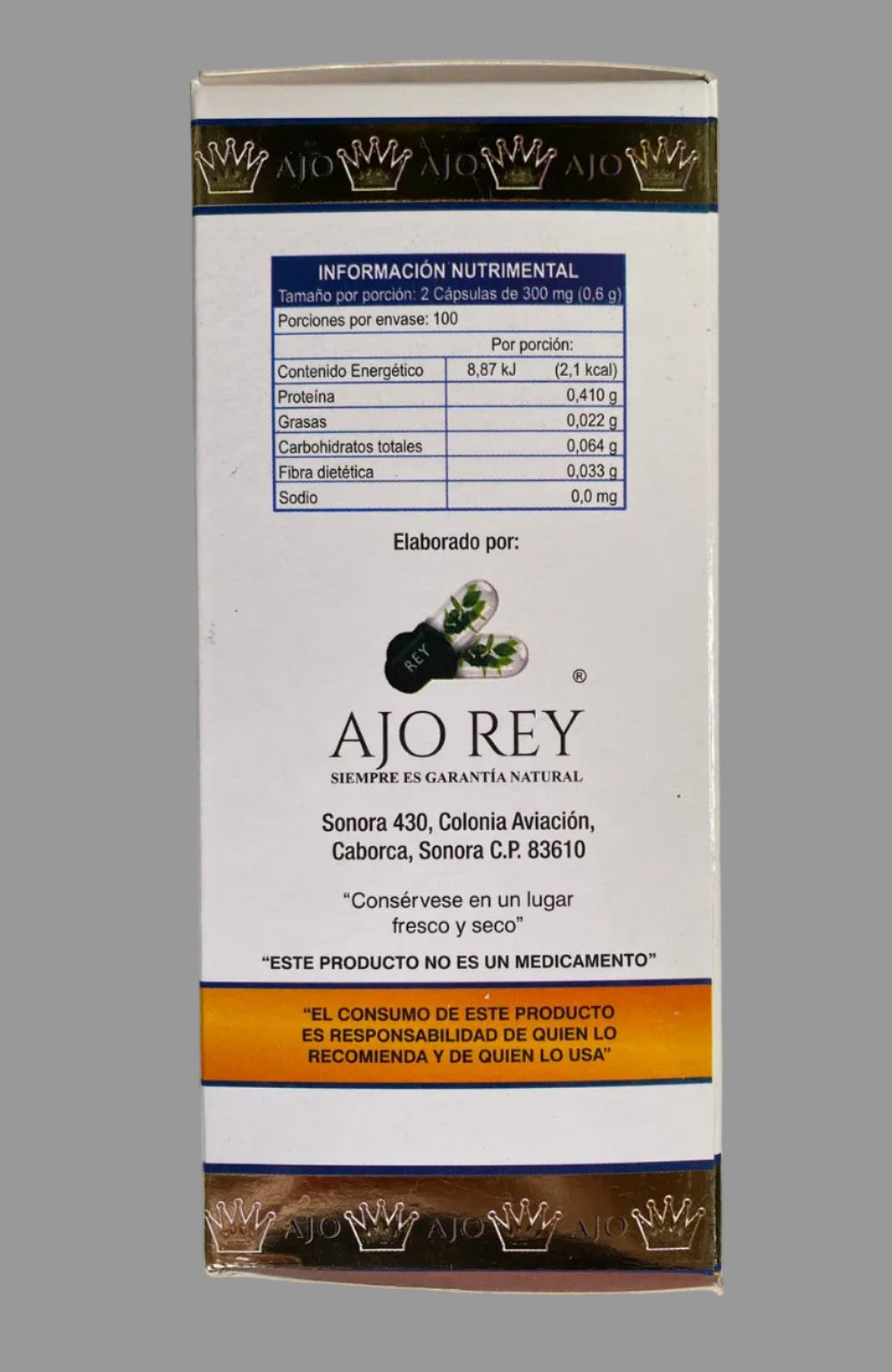 Ajo Rey product packaging with nutritional information on a light gray background