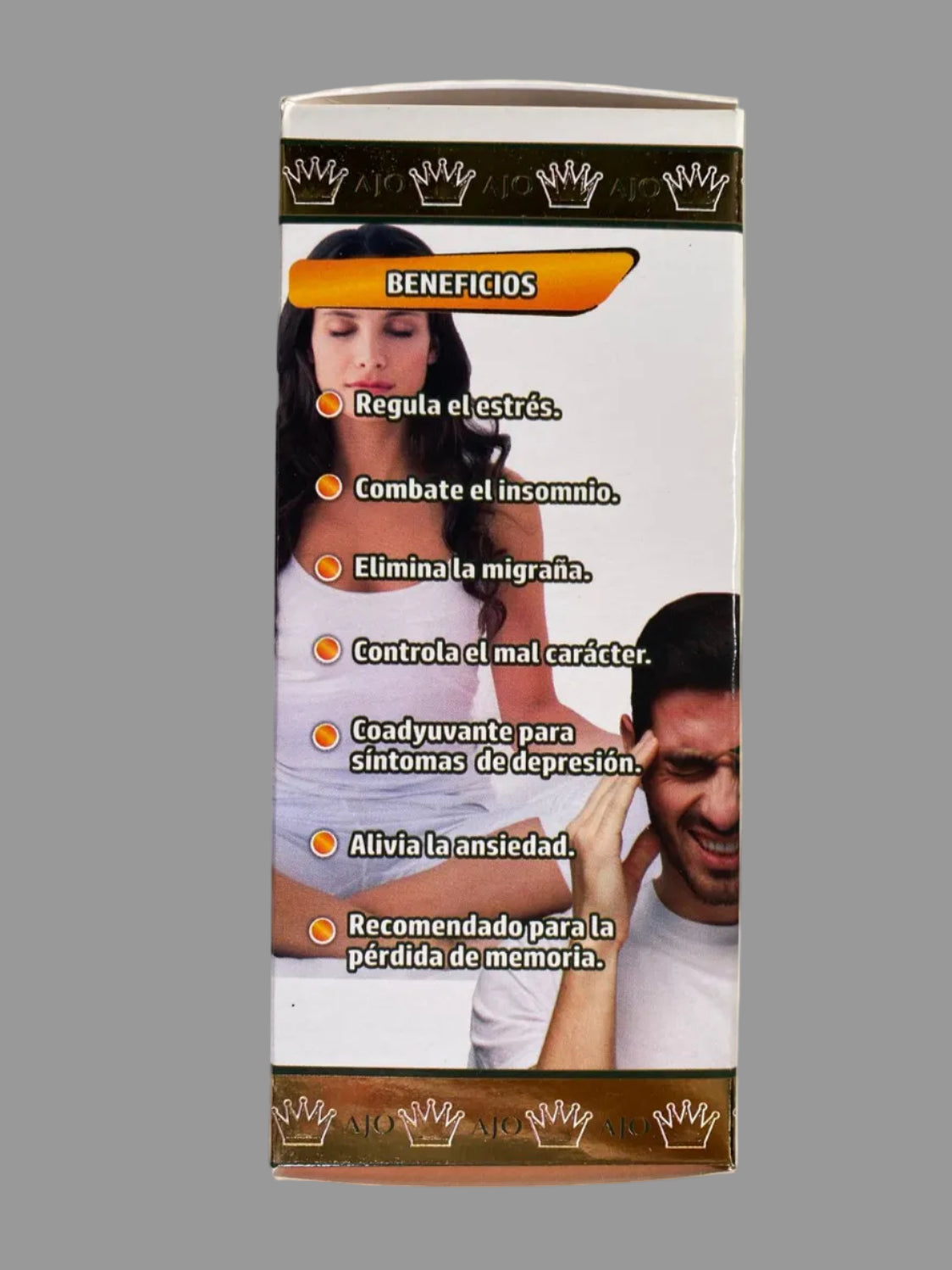 Product packaging with text and images of a woman and man on a gray background