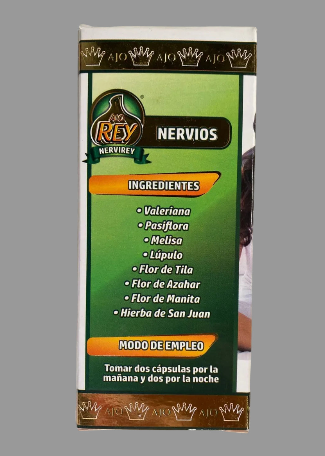 Supplement packaging with green and brown design on a white background