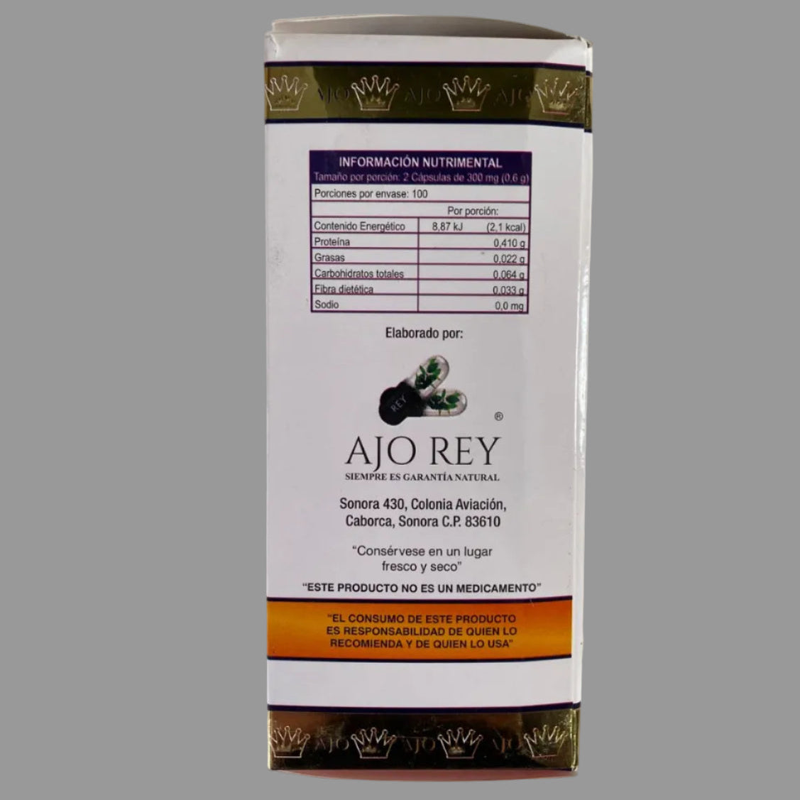Ajo Rey product packaging with nutritional information on a light gray background