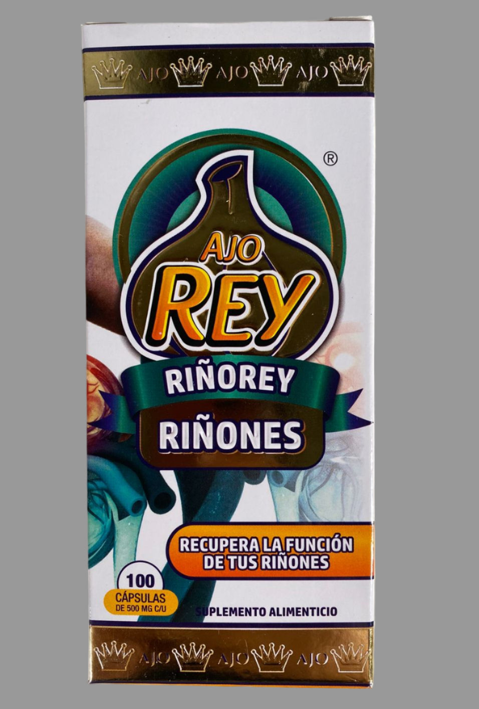 Ajo Rey Rinorey Riñones supplement packaging on a reflective surface