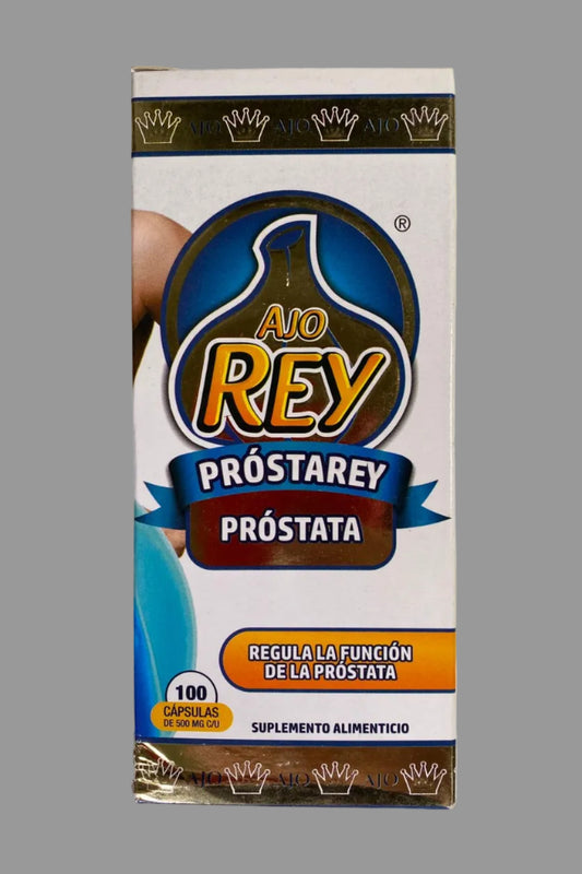 Supplement packaging for 'Ajo Rey Prostarey Prostata' on a gray background