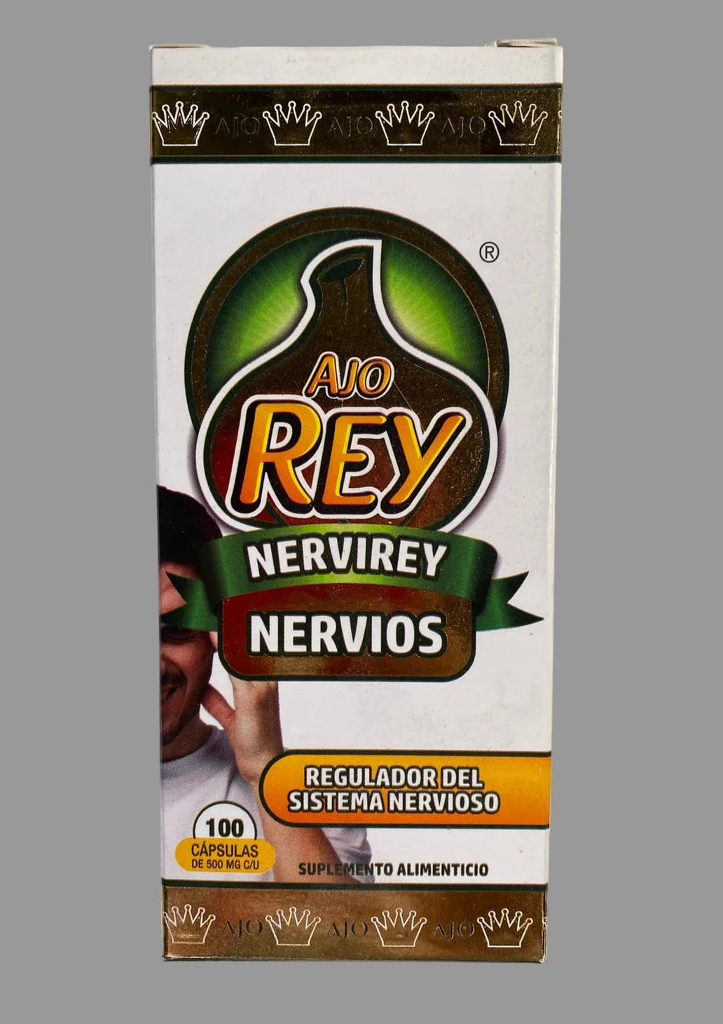 Box of Ajo Rey Nervirey Nervios supplement on a gray background