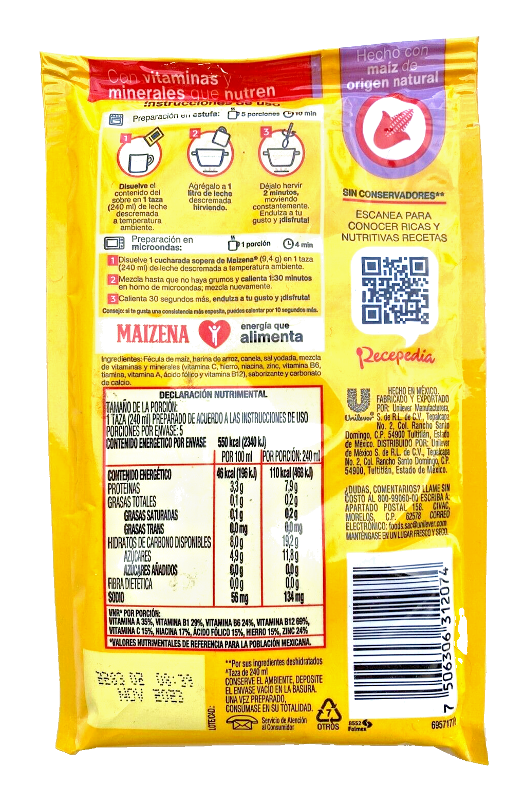 6-Pk Maizena Rice pudding flavored corn beverage mix/ Maizena Arroz con Leche 47gr/1.6oz