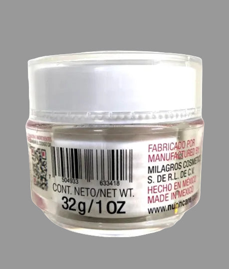 Nunn Care jar with a white lid and clear body, featuring text and a barcode on a white background.