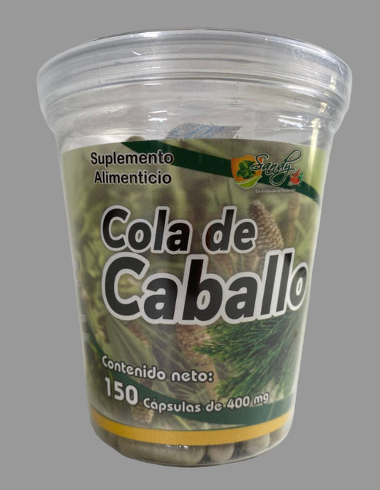 Jar of 'Cola de Caballo' supplement with text on a white background