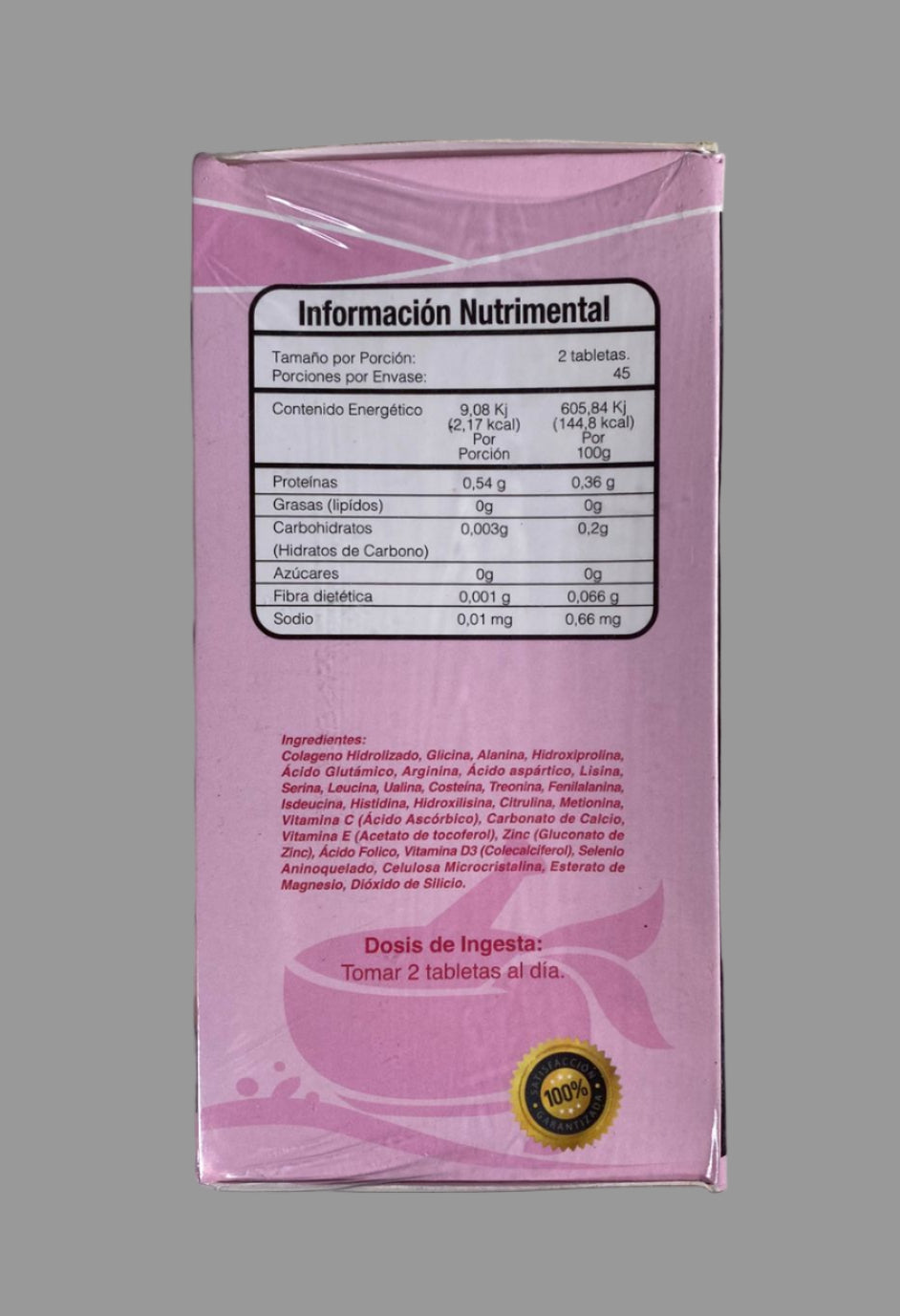 Pink box with nutritional information on a gray background