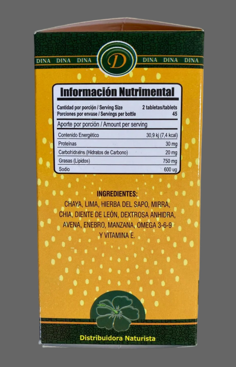 Nutritional information label on a yellow and green product box against a white background