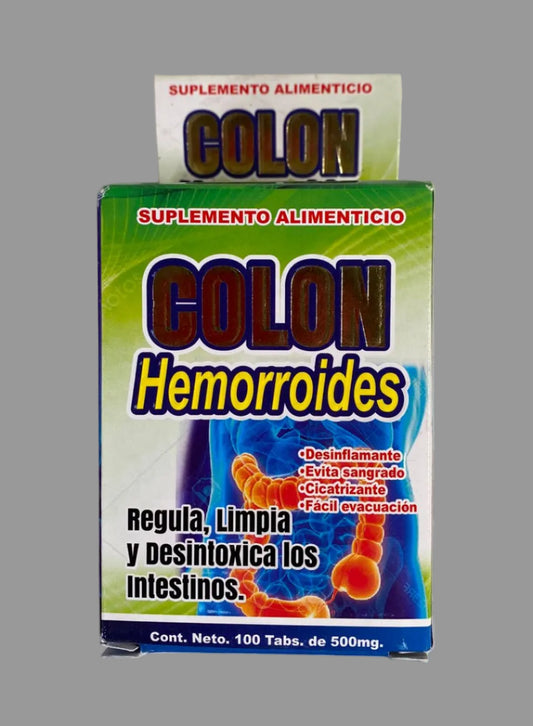 Supplement box for colon hemorrhoids on a gray background