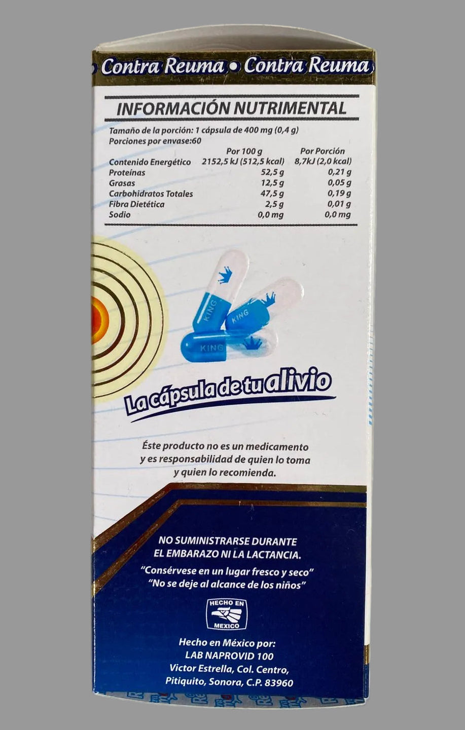 Nutritional information label on a product packaging against a gray background