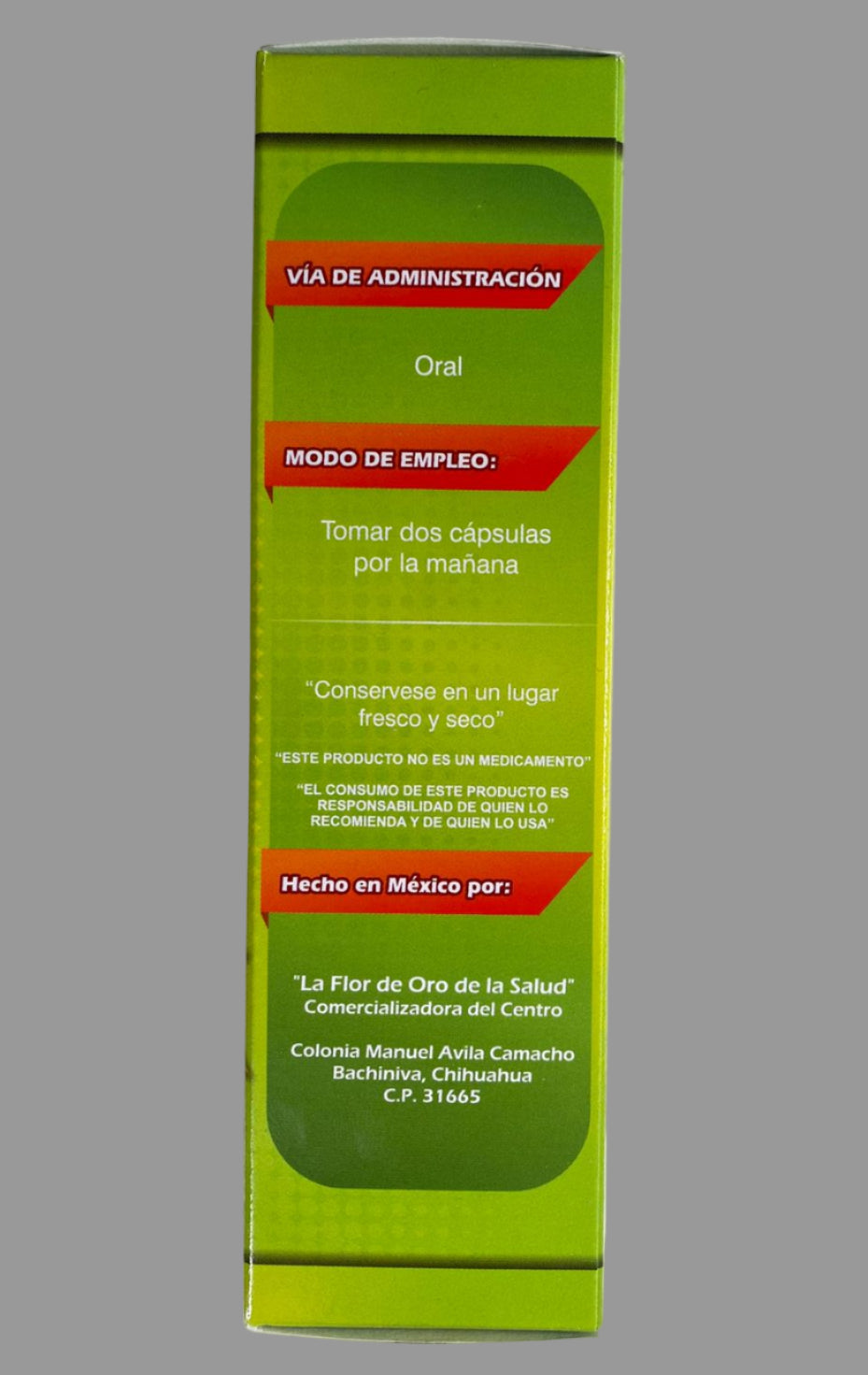Green medication box with red and white text on a light gray background