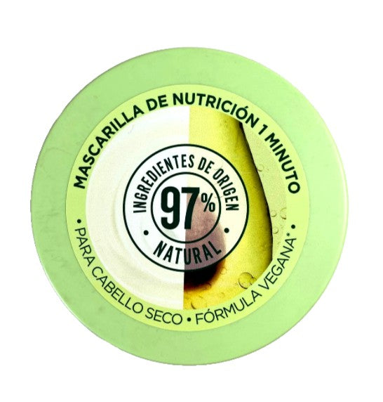 Product container with green lid and yellow label featuring text and a banana illustration.