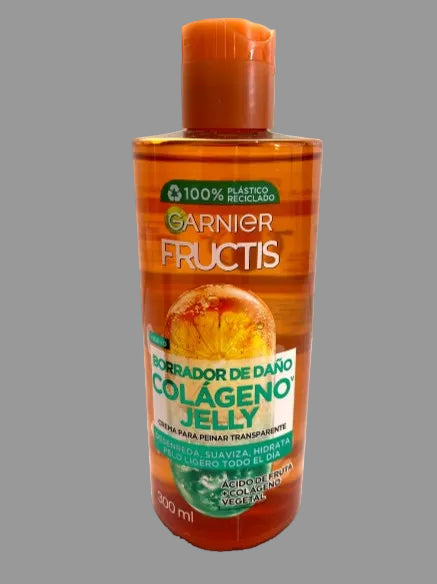 A 300 ml bottle of Garnier Fructis Collagen Jelly hair remover on a plain white background. The bottle is amber brown with an orange cap, featuring the green and white Garnier brand logo and product text.