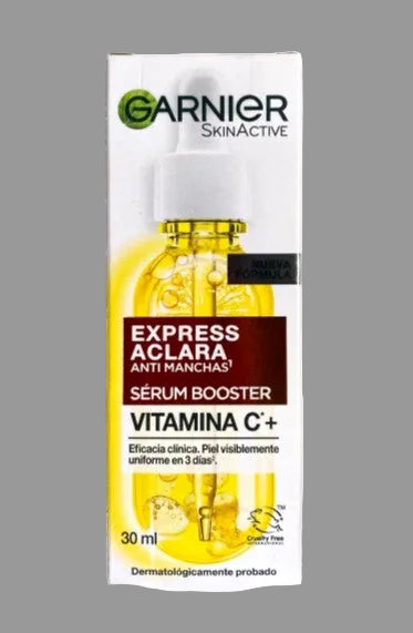 Garnier serum booster packaging with yellow liquid on a white background