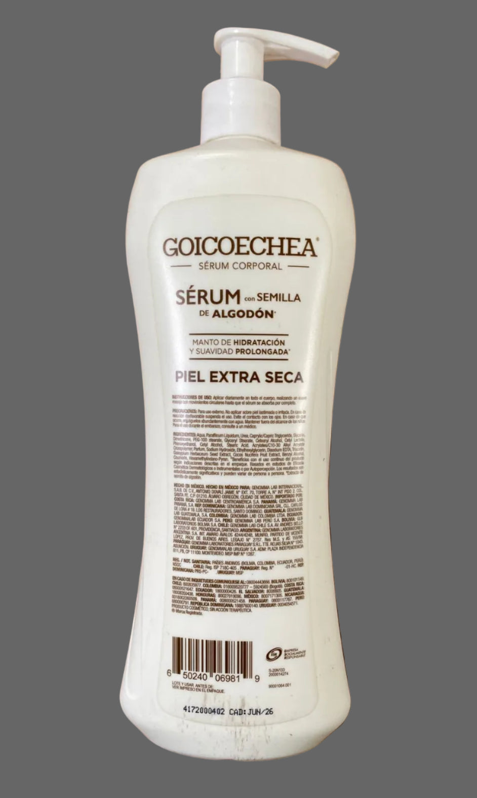 : "Goicoechea body serum full ingredients list and Genomma Lab manufacturer info — imported from Mexico"