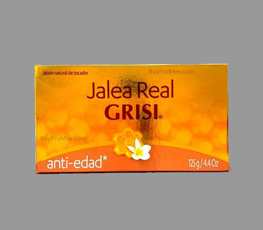 Packaging of Grisi Jalea Real Anti-Edad bar soap with the brand and product name displayed, indicating it's a 125g/4.41oz bar.