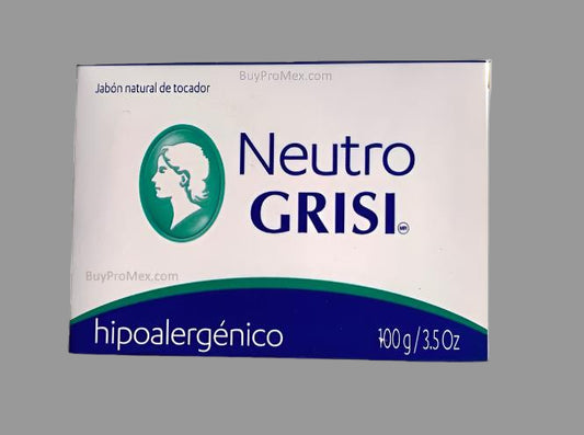 Packaging of Grisi Neutro hypoallergenic soap bars, showing the brand logo, product name, and a brief description as 'Natural Toiletries', with a website address. The package contains 5 bars, each weighing 100g (3.