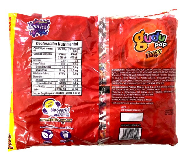 Sonrics Gudu Pop Fuego Paletas/Lollipops 40pzs 340g/1.2lb