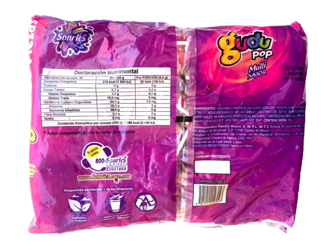 Sonrics Gudu Pop Assorted Flavor Lollipops 40pcs 340g/1.2lb