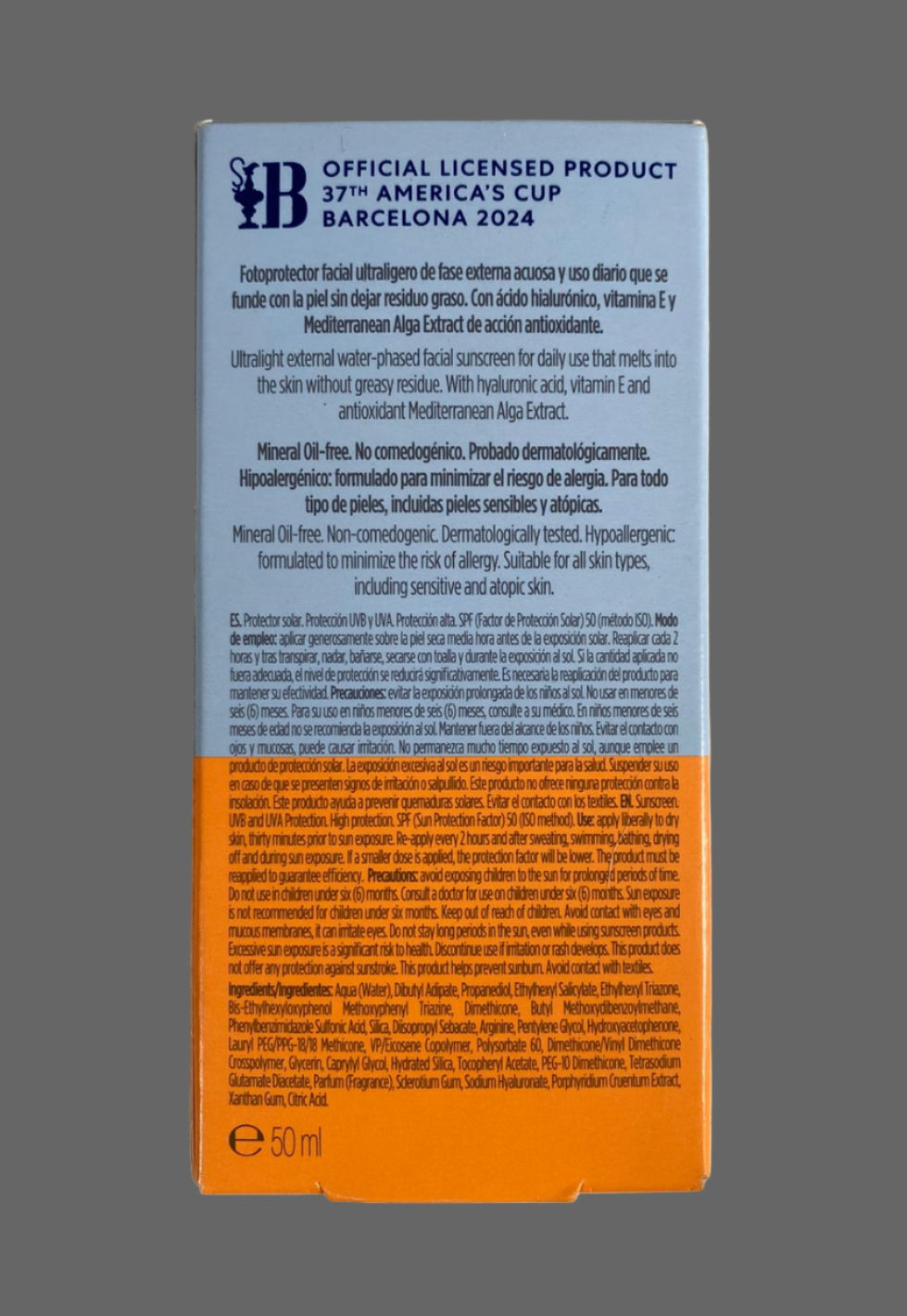 Product packaging with blue and orange design on a beige background