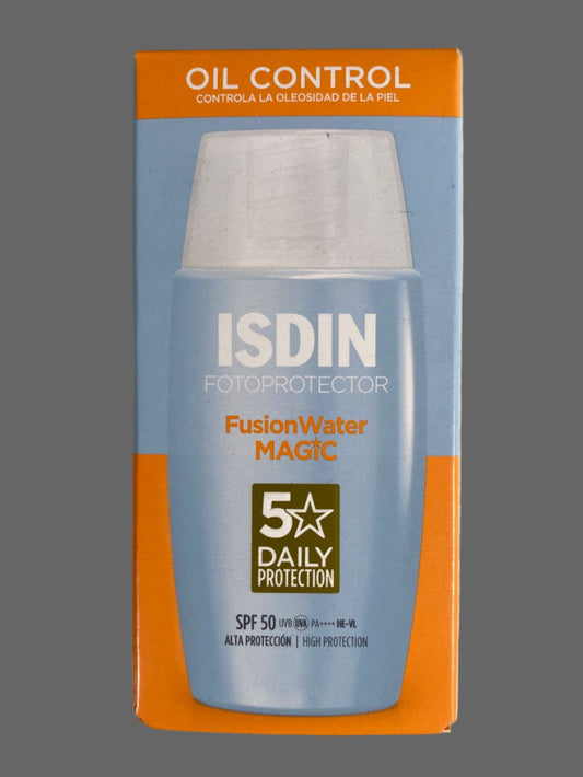 ISDIN FusionWater MAGIC oil control packaging on a light gray background